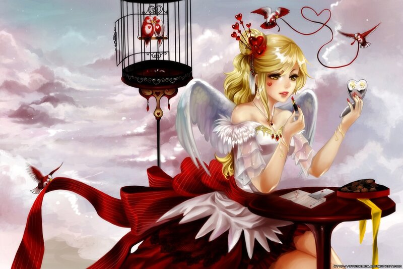 Angelic Woman with Wings — Red, Dreamy