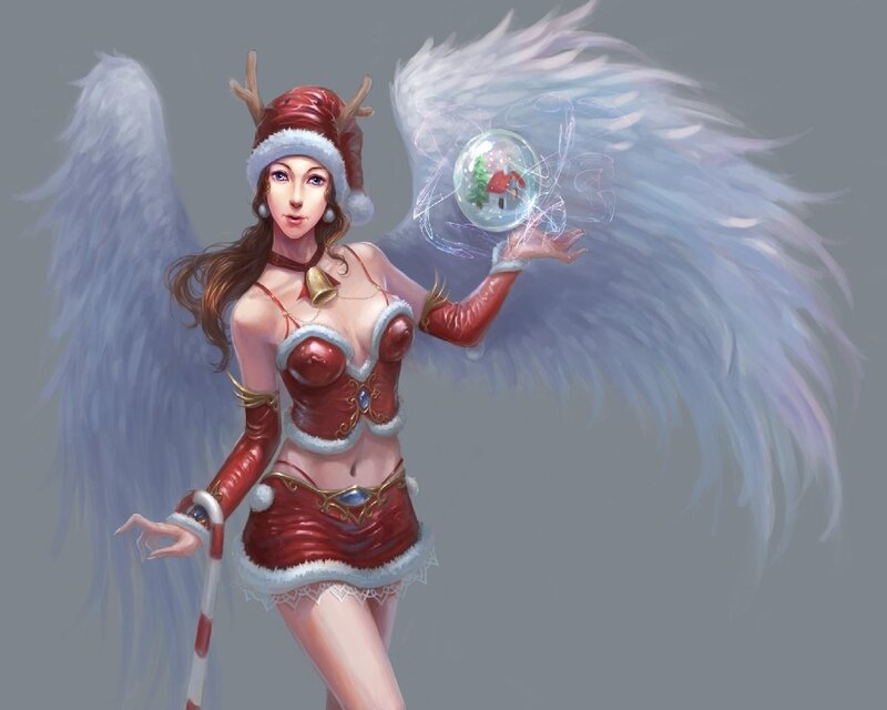 Angelic Woman with Wings — Red, Festive, Winter, Digital Art