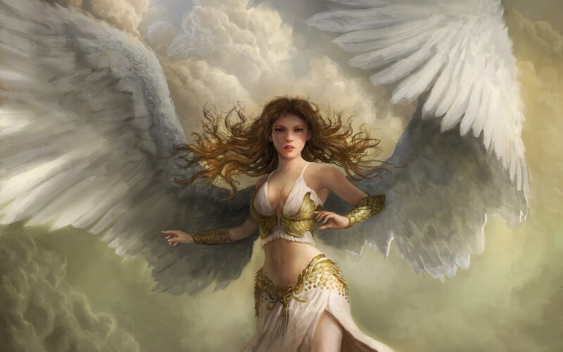 Angelic Woman with Wings — White, Dramatic, Digital Art, Clouds