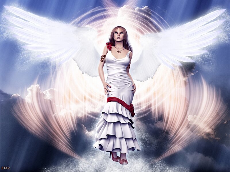Angelic Woman with Wings — White, Dramatic, Digital Art, Dress, Clouds