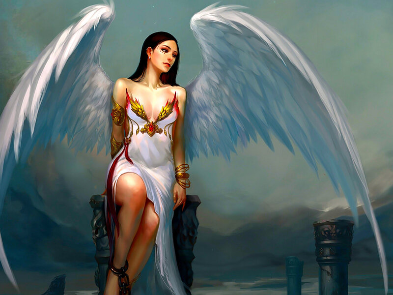 Angelic Woman with Wings — White, Dramatic, Digital Art, Dress, Column