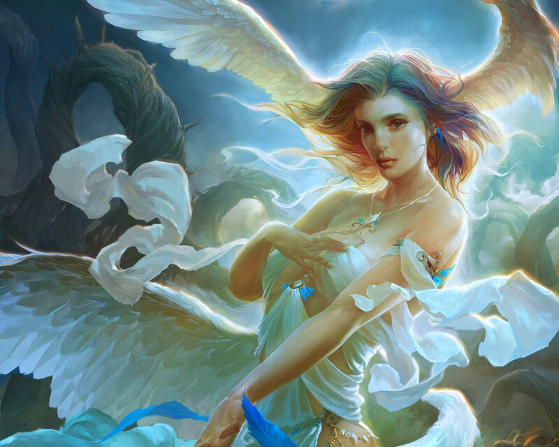 Angelic Woman with Wings — White, Dramatic, Digital Art, Hair