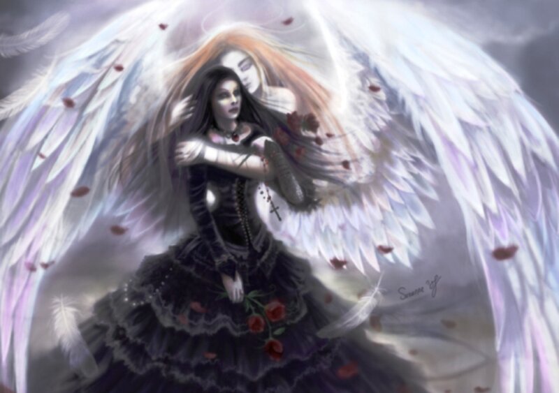 Angelic Woman with Wings — White, Dramatic, Digital Art, Roses