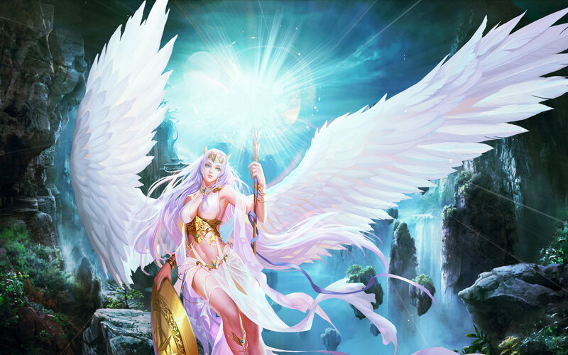 Angelic Woman with Wings — White, Dramatic, Digital Art, Staff, Shield