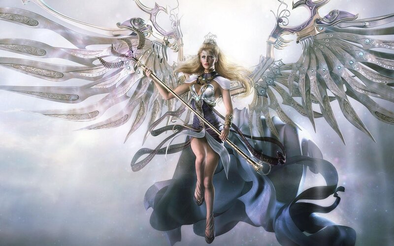 Angelic Woman with Wings — White, Dramatic, Digital Art, Staff