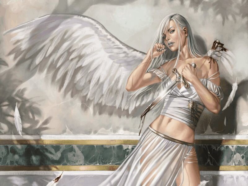 Angelic Woman with Wings — White, Dramatic, Digital Art, Sword, Feathers