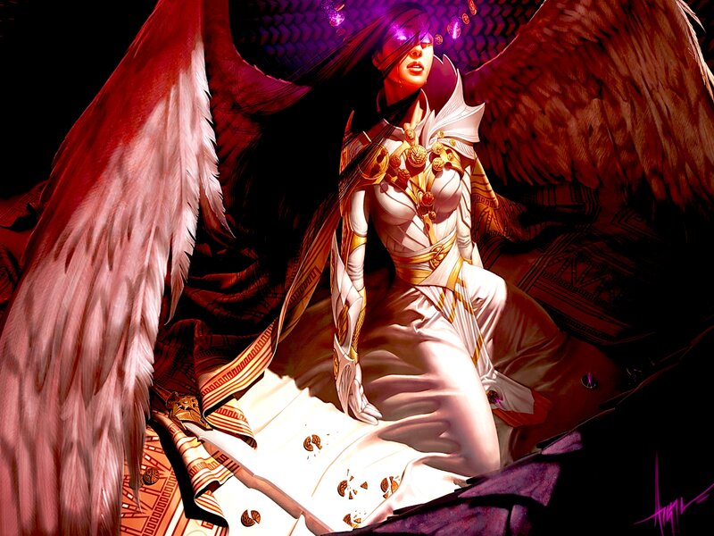Angelic Woman with Wings — White, Dramatic, Night, Digital Art, Armor