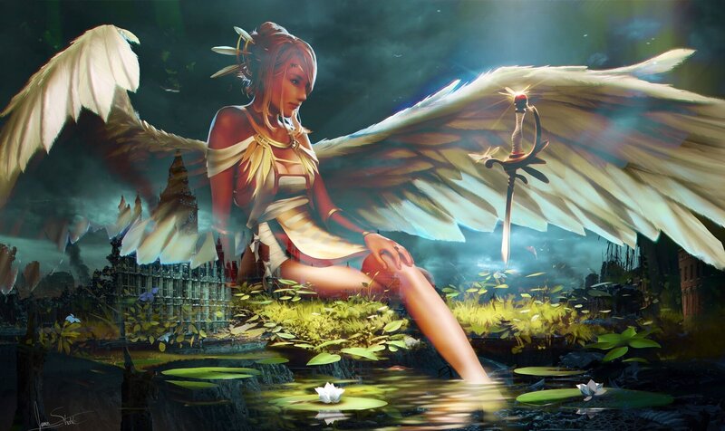 Angelic Woman with Wings — White, Dramatic, Night, Digital Art, Sword, Pond