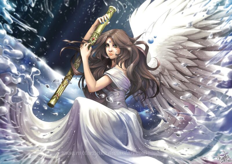 Angelic Woman with Wings — White, Dramatic, Night, Digital Art, Sword, Water