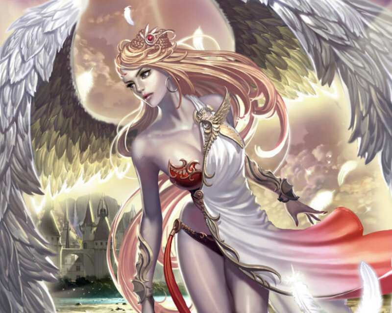 Angelic Woman with Wings — White, Dramatic, Sunset, Digital Art, Castle