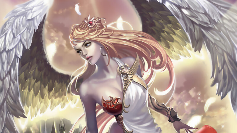 Angelic Woman with Wings — White, Dramatic, Sunset