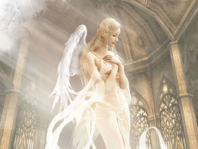 Angelic Woman with Wings — White, Serene, Digital Art, Cathedral
