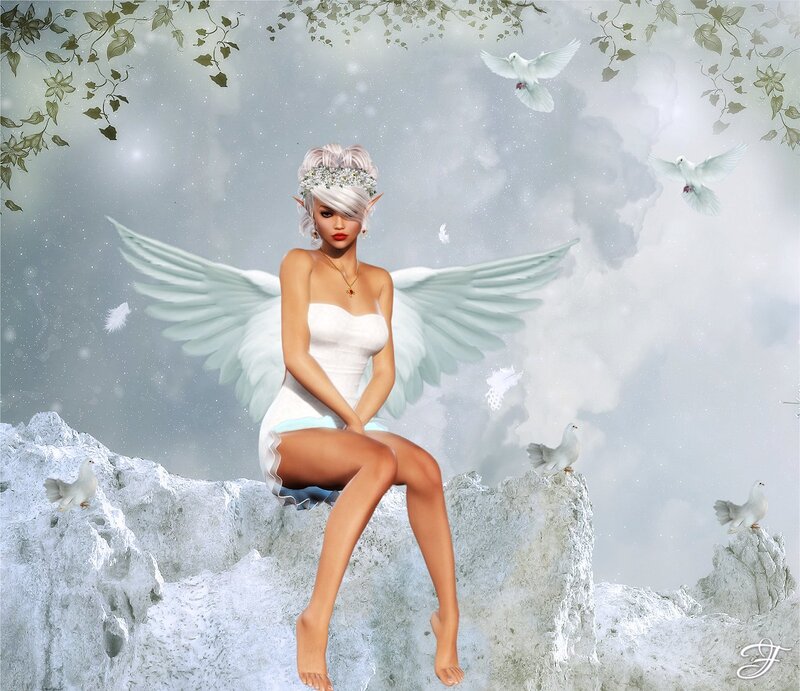 Angelic Woman with Wings — White, Serene, Digital Art, Doves