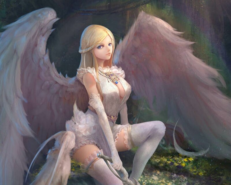 Angelic Woman with Wings — White, Serene, Digital Art, Dress, Forest