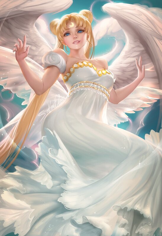 Angelic Woman with Wings — White, Serene, Digital Art, Dress, Golden Hair