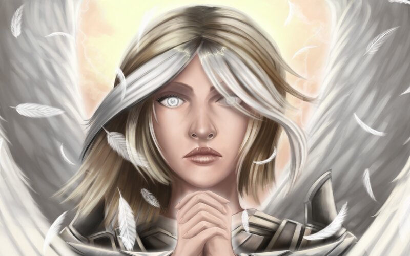 Angelic Woman with Wings — White, Serene, Digital Art, Feathers, Armor
