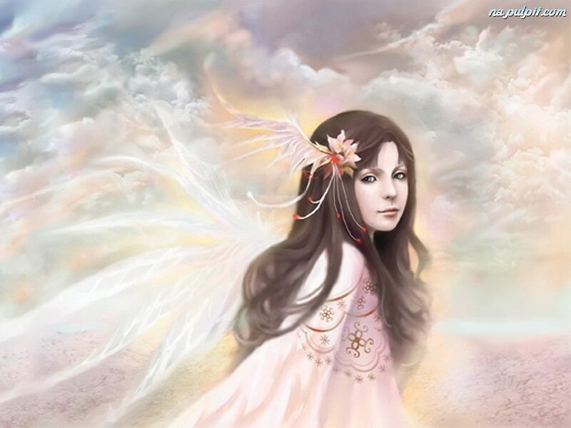 Angelic Woman with Wings — White, Serene, Digital Art, Flower, Clouds