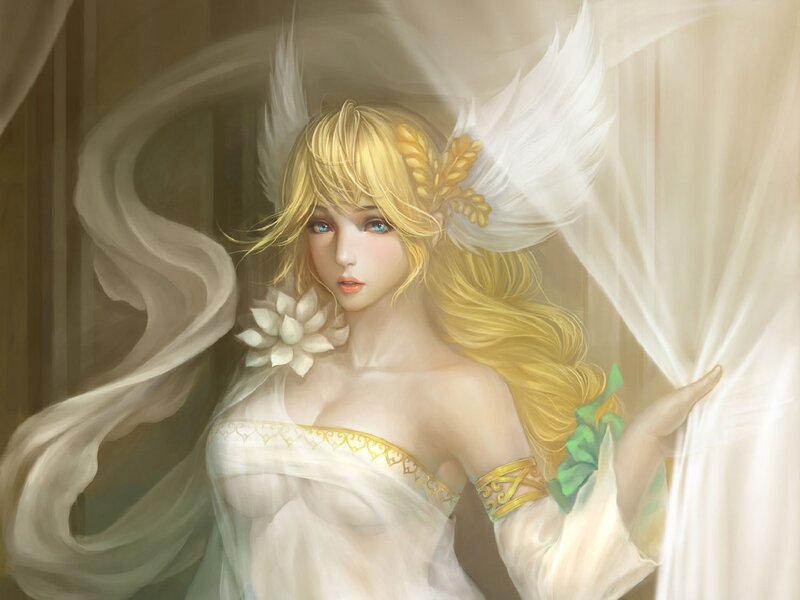 Angelic Woman with Wings — White, Serene, Digital Art, Flower