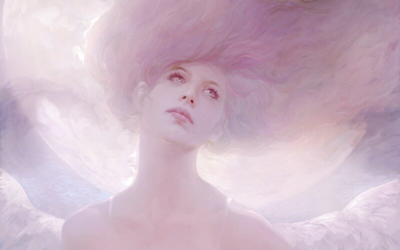 Angelic Woman with Wings — White, Serene, Digital Art, Hair, Clouds