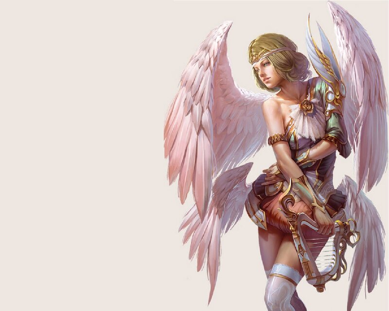 Angelic Woman with Wings — White, Serene, Digital Art, Lyre