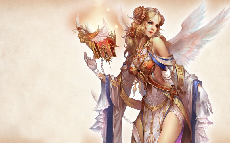 Angelic Woman with Wings — White, Serene, Digital Art, Staff
