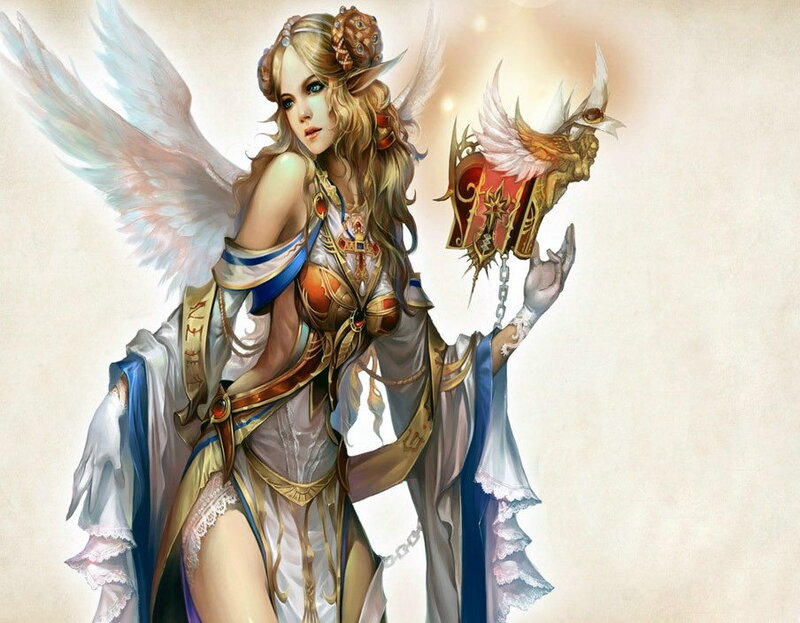 Angelic Woman with Wings — White, Serene, Digital Art, Weapon