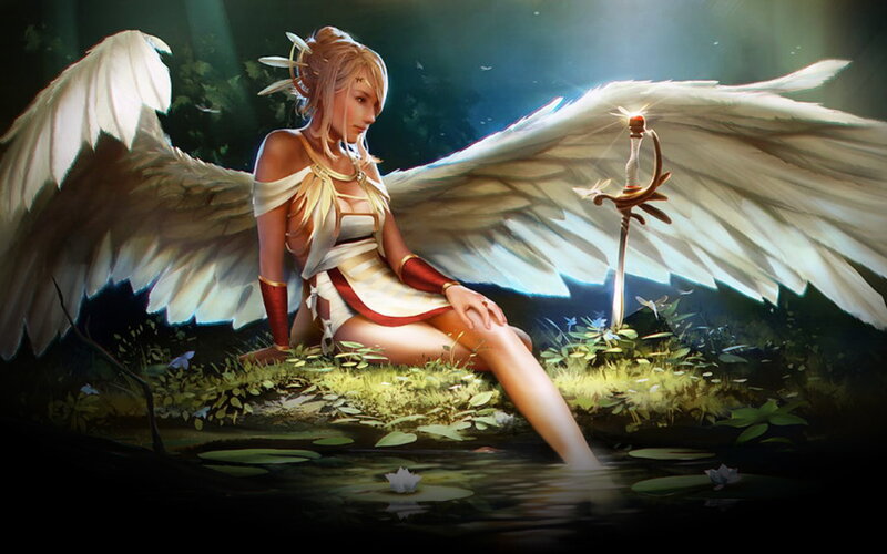 Angelic Woman with Wings — White, Serene, Night, Digital Art, Sword
