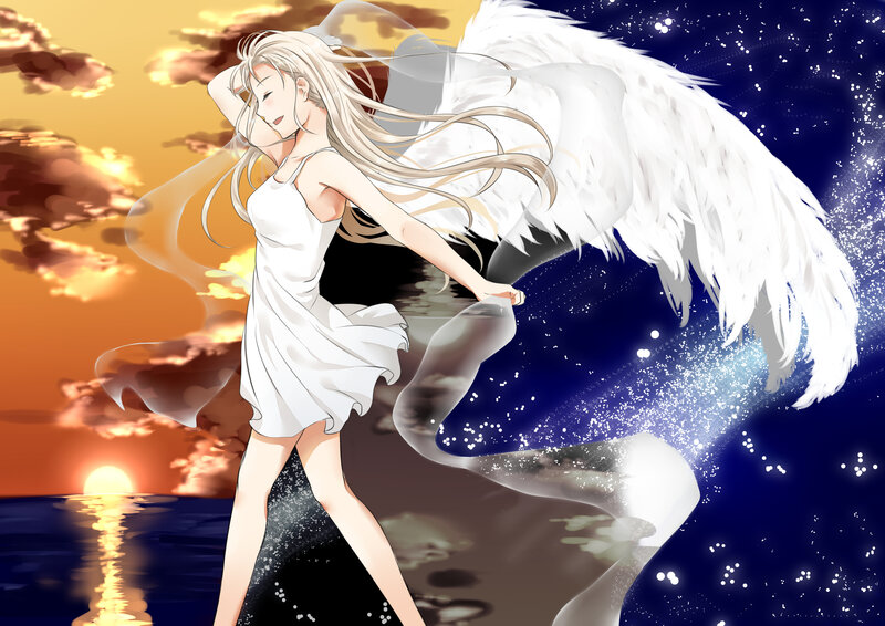 Angelic Woman with Wings — White, Serene, Sunset, Anime