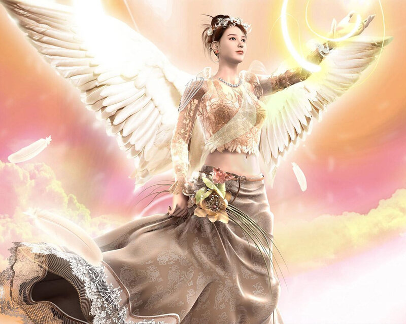 Angelic Woman with Wings — White, Serene, Sunset, Digital Art, Feathers, Crown, Gold
