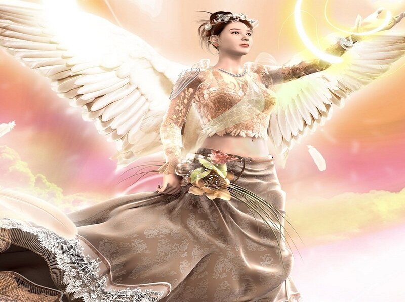 Angelic Woman with Wings — White, Serene, Sunset, Digital Art