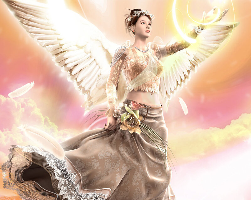 Angelic Woman with Wings — White, Serene, Sunset