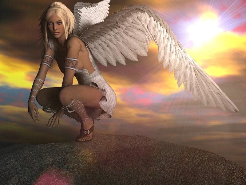 Angelic Woman with Wings — Yellow, Dramatic, Sunset