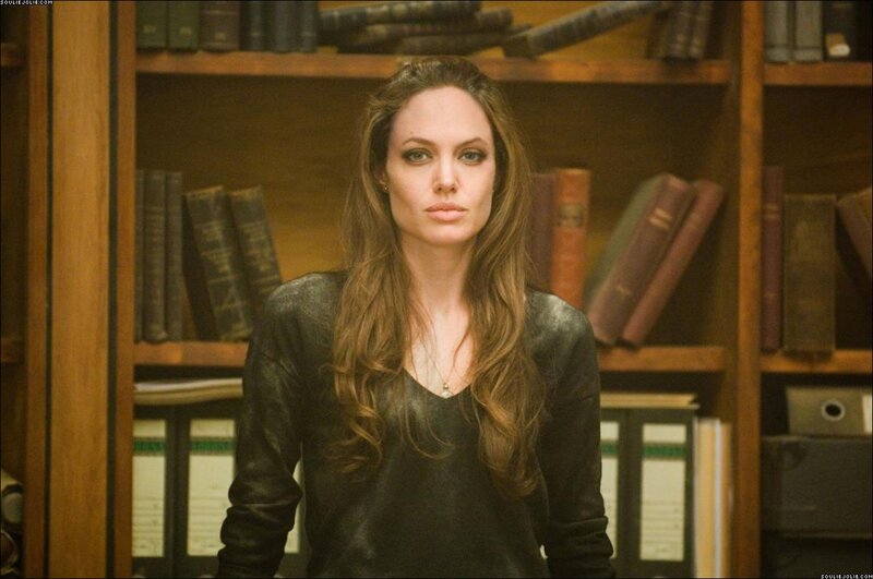 Angelina Jolie in a library