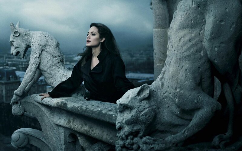 Angelina Jolie on a cathedral roof