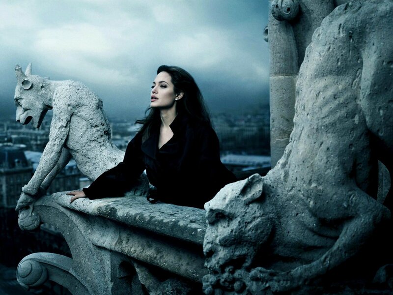 Angelina Jolie on a cathedral roof