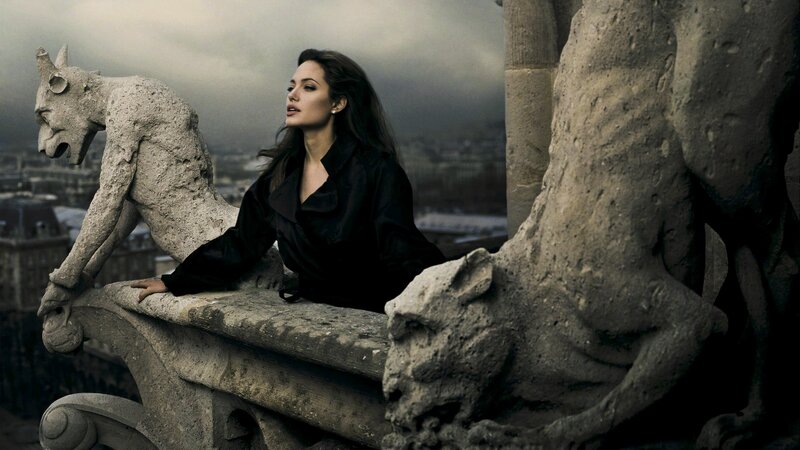 Angelina Jolie on a cathedral roof