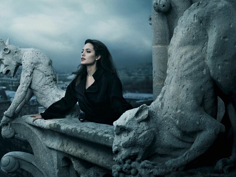 Angelina Jolie on a cathedral roof