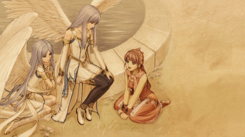 angels and a girl in a garden