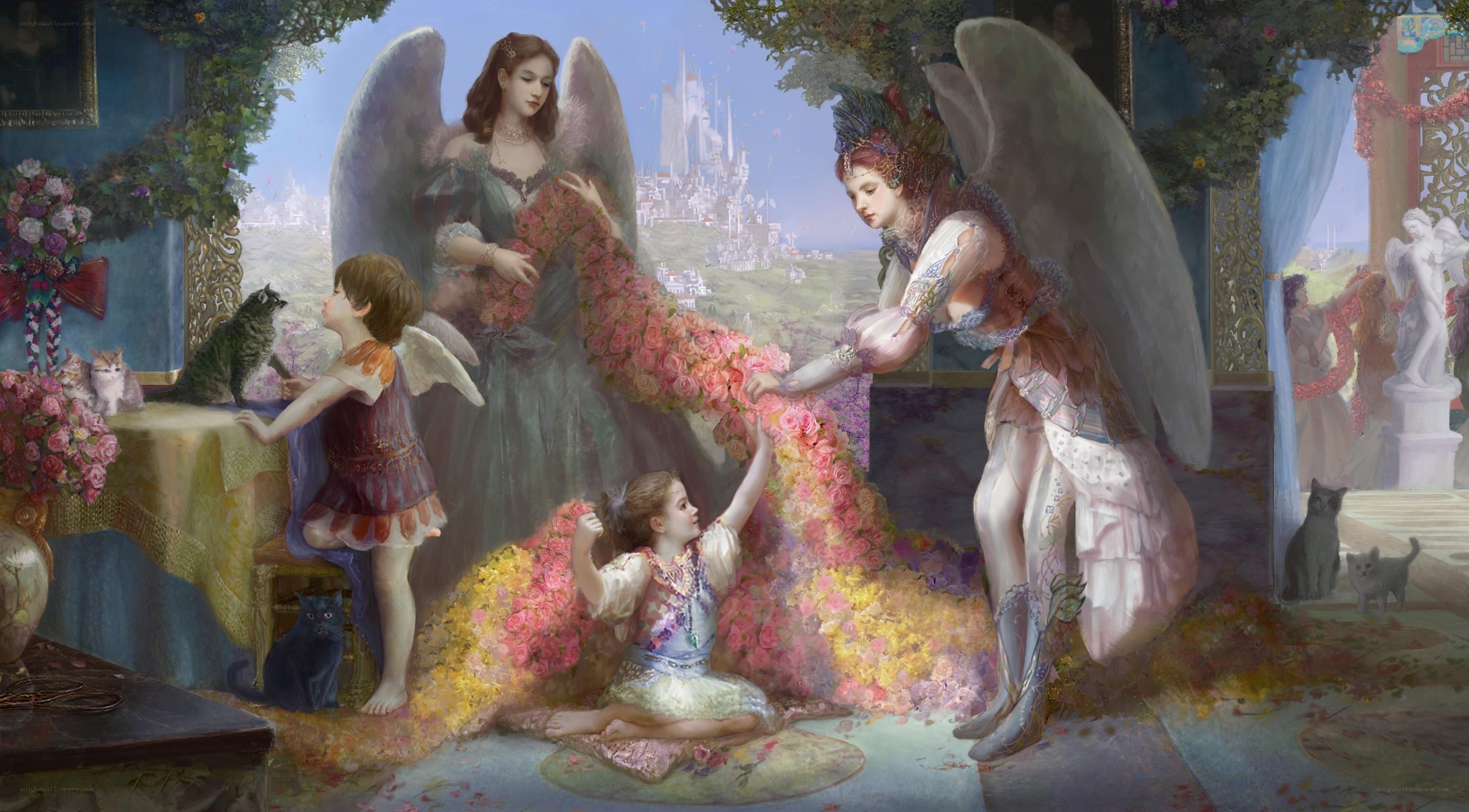 Angels and children with flowers