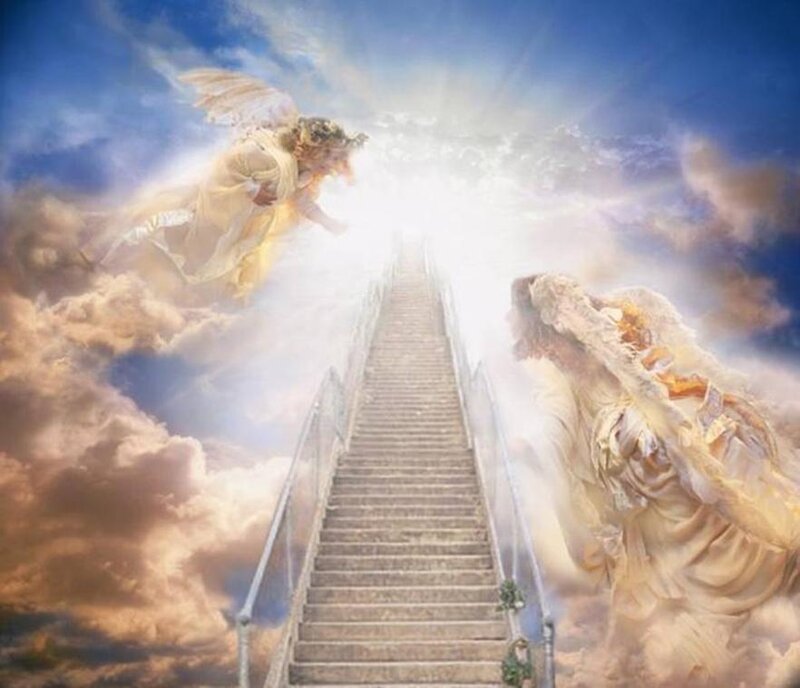angels ascending a heavenly staircase