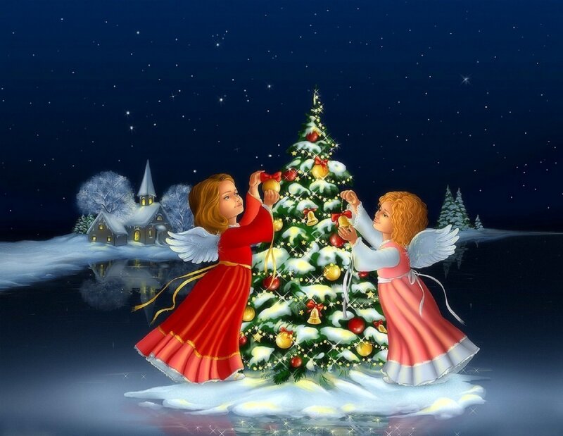 Angels Decorating Tree — Blue, Peaceful