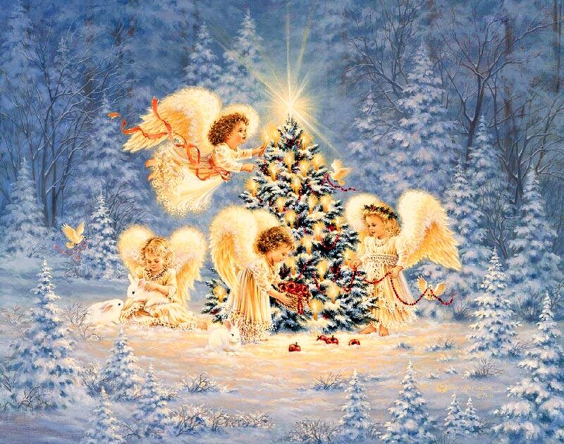 Angels Decorating Tree — Blue