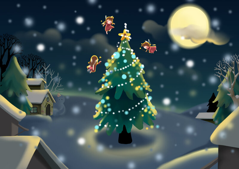 Angels Decorating Tree — Green