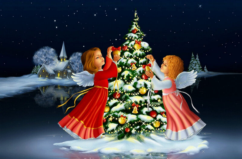 Angels Decorating Tree — Red