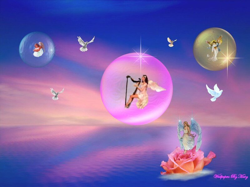 Angels in bubbles over water