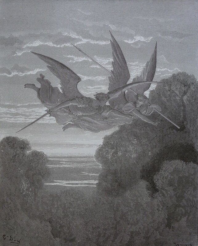 Angels in flight with swords