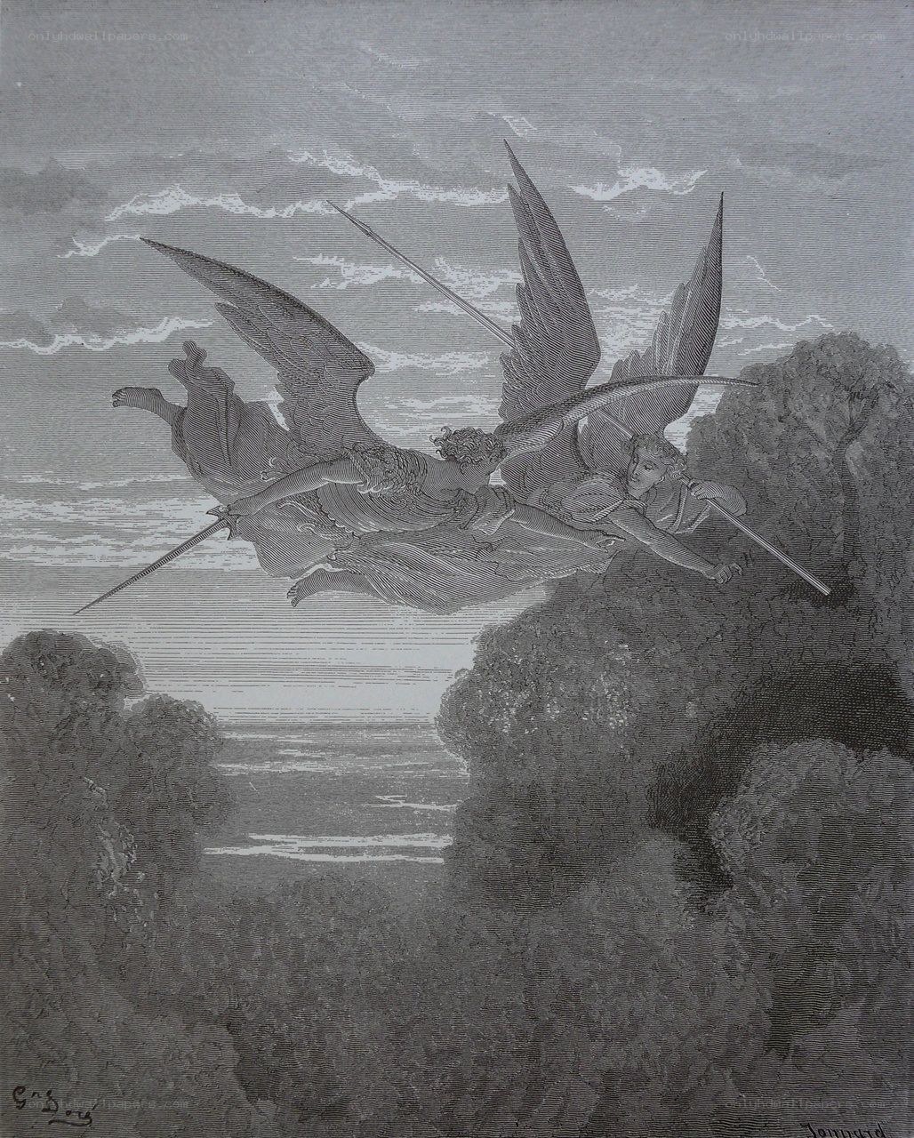 Angels in flight with swords