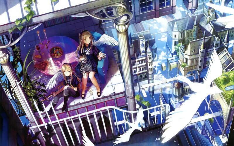 angels on a balcony overlooking a city