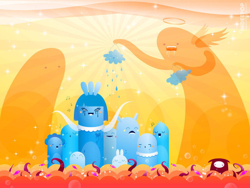 angels raining on blue creatures