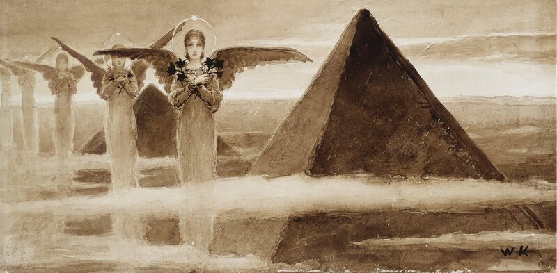 Angels with flowers near pyramids